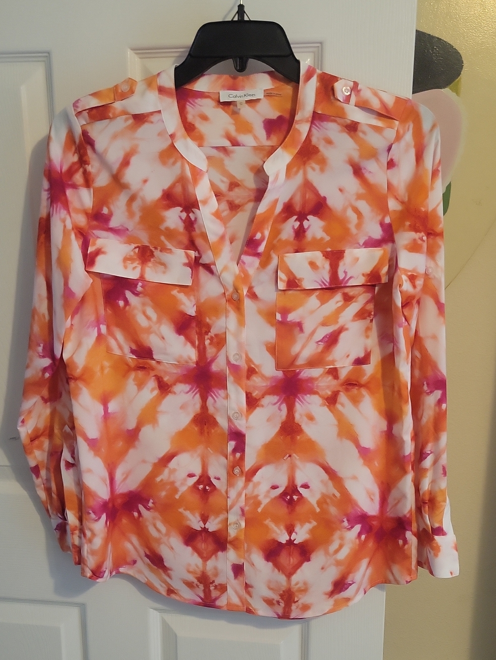 Calvin Klein SzMed Orange and Pink Tie-Dye look Button-Front sheer collar blouse